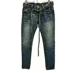 mnml Men's Distressed Medium Wash Skinny Button Fly Belted Jeans RN139488